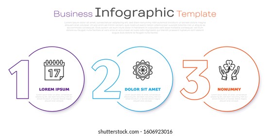 Set line Saint Patrick's day with calendar, Bottle cap with four leaf clover and Human hands holding four leaf clover. Business infographic template. Vector