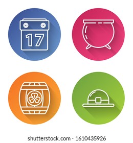 Set line Saint Patrick's day with calendar, Witch cauldron, Wooden barrel with four leaf clover and Leprechaun hat. Color circle button. Vector