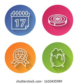 Set line Saint Patrick's day with calendar, Gold coin with four leaf clover, Medal with four leaf clover and Witch cauldron. Color circle button. Vector