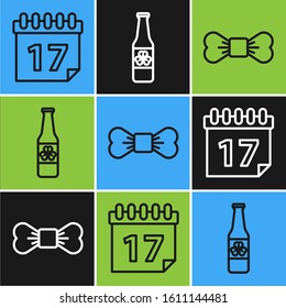Set line Saint Patrick's day with calendar, Bow tie and Beer bottle with four leaf clover icon. Vector