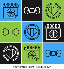 Set line Saint Patricks day with calendar, Heart and Happy Saint Patrick day and Bow tie icon. Vector