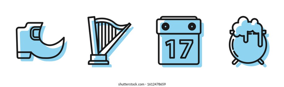 Set line Saint Patrick's day with calendar, Tradition leprechaun boots, Harp and Witch cauldron icon. Vector