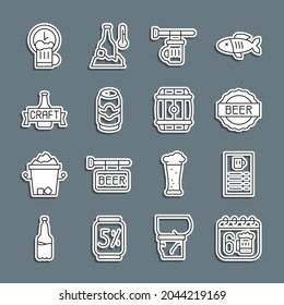 Set line Saint Patricks day calendar, Beer menu, Bottle cap with beer, Signboard glass of, can, bottle, Happy hour and Wooden barrel icon. Vector