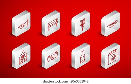 Set line Saint Patricks day calendar, Bench, Wheat, Hotdog sandwich, Beer bottle, Musical instrument trumpet, Pistachio nuts and Farm House icon. Vector