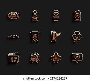 Set line Saint Patrick's day with calendar, Medal four leaf clover, Gold coin, Celtic cross, Four speech bubble, and party pennant,  and Harp icon. Vector