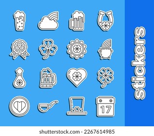 Set line Saint Patrick's day with calendar, Four leaf clover, Witch cauldron and rainbow, Wooden beer mug, Medal four, Glass of and Bottle cap icon. Vector