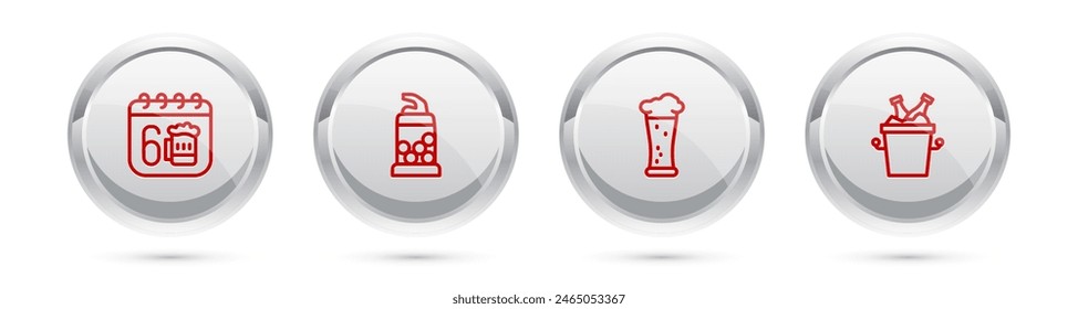 Set line Saint Patricks day calendar, Bottle opener, Glass of beer and Beer bottles ice bucket. Silver circle button. Vector