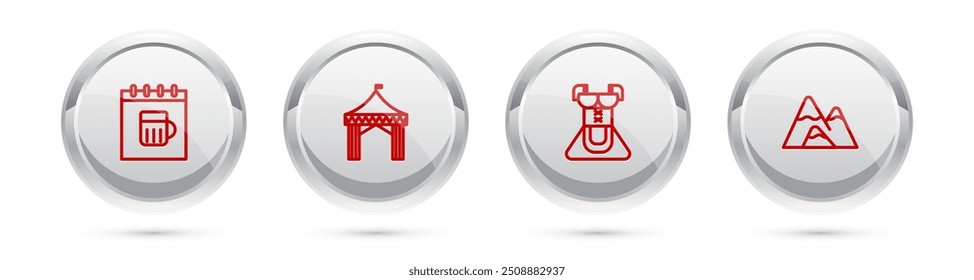 Set line Saint Patricks day calendar, Camping tent, Costume for women dirndl and Mountains. Silver circle button. Vector