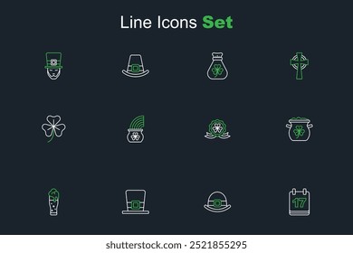 Set line Saint Patricks day with calendar, Leprechaun hat, Glass of beer, Pot gold coins, Medal clover, rainbow and Clover trefoil leaf icon. Vector