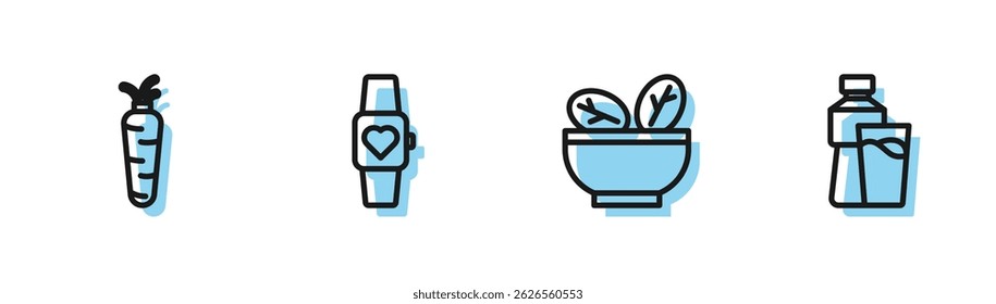 Set line Salad in bowl, Carrot, Smart watch and Bottle of water with glass icon. Vector