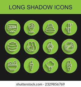 Set line Salad in bowl, Pipette with oil, Sleepy, Broccoli, Smart watch, Avocado fruit, No Smoking and  icon. Vector
