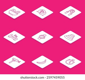 Set line Salad in bowl, Sleepy, Jump rope, Time to sleep, Smart watch, Stack hot stones, Carrot fork and Banana icon. Vector