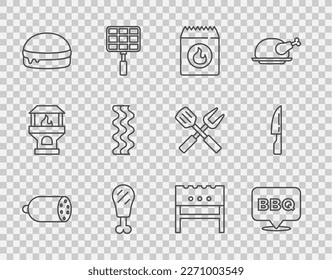 Set line Salami sausage, Barbecue, coal bag, Chicken leg, Burger, Bacon stripe, BBQ brazier and knife icon. Vector