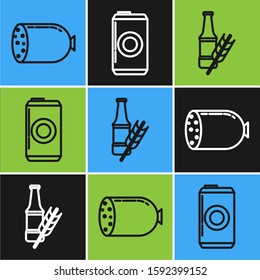 Set line Salami sausage, Beer bottle and Beer can icon. Vector