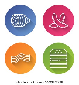 Set line Salami sausage, Crossed sausage, Bacon stripe and Burger. Color circle button. Vector