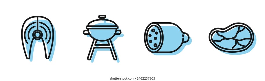 Set line Salami sausage, Fish steak, Barbecue grill and Steak meat icon. Vector