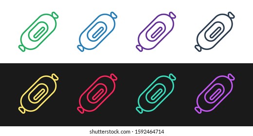 Set line Salami sausage icon isolated on black and white background. Meat delicatessen product.  Vector Illustration