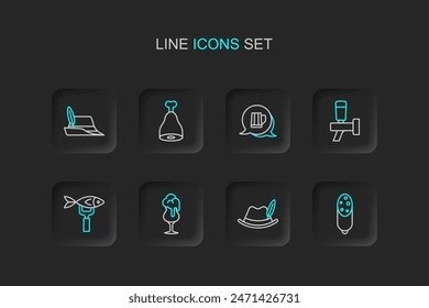 Set line Salami sausage, Oktoberfest hat, Glass of beer, Dried fish, Beer tap, Wooden mug, Chicken leg and  icon. Vector