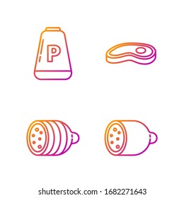 Set line Salami sausage, Salami sausage, Pepper and Steak meat. Gradient color icons. Vector