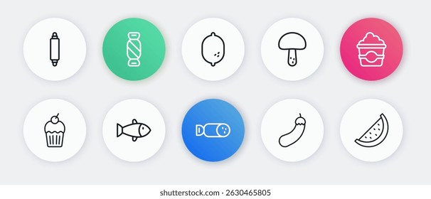 Set line Salami sausage, Popcorn in cardboard box, Muffin, Eggplant, Mushroom, Lemon, Watermelon and Fish icon. Vector