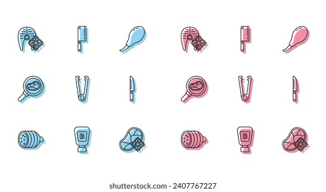 Set line Salami sausage, Sauce bottle, Fresh frozen fish steak, meat, Meat tongs, Knife, Steak in frying pan and chopper icon. Vector