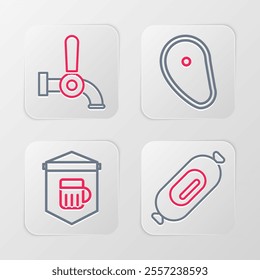 Set line Salami sausage, Signboard with glass of beer, Steak meat and Beer tap icon. Vector