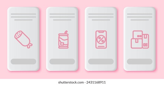 Set line Salami sausage, Soda can, Percent discount and mobile and Cash register machine. White rectangle button. Vector