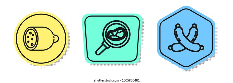Set line Salami sausage, Steak meat in frying pan and Crossed sausage. Colored shapes. Vector