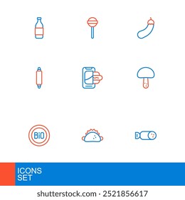 Set line Salami salsicha, Taco com tortilla, Banner para bio, Cogumelo, Rolando pin, Pedidos de comida no celular, berinjela e ícone de pirulito. Vetor