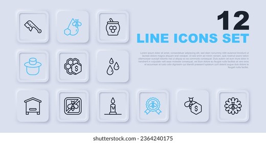 Set line Sale of bees, Bee on flower, honeycomb, Best, Beekeeper with protect hat, Stop, and and Burning candle icon. Vector