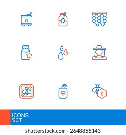 Set line Sale of bees, Cosmetic tube with honey, Stop, Beekeeper protect hat, Jar, Drops, Honeycomb and and dipper stick icon. Vector