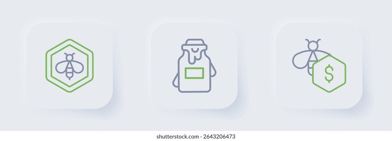 Set line Sale of bees, Jar honey and Bee and honeycomb icon. Vector