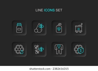 Set line Sale of honeycomb, Beekeeper costume, Bees, Honeycomb, extractor, Cosmetic tube with, and and Jar icon. Vector