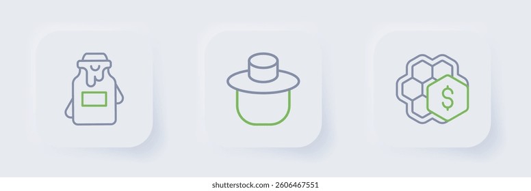 Set line Sale of honeycomb, Beekeeper with protect hat and Jar icon. Vector
