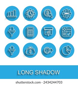 Set line Sales funnel with arrows, Wallet dollar, Pie chart infographic, Job promotion, Calculator,  and Graph, chart, diagram, icon. Vector