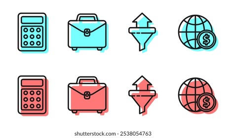 Set line Sales funnel with arrows, Calculator, Briefcase and Earth globe with dollar icon. Vector