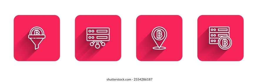 Set line Sales funnel with bitcoin, Server, Bitcoin and  with long shadow. Red square button. Vector