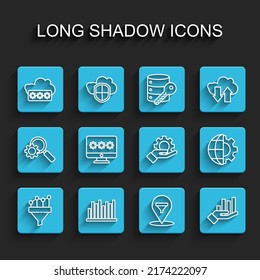 Set line Sales funnel with chart, Pie infographic, Password protection, Location sales, Monitor password, Globe of the Earth and gear and Hand settings icon. Vector