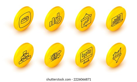 Set line Sales funnel with chart, Stocks market growth graphs, Financial dollar, Hierarchy organogram, Laptop, Board,  and Pie infographic icon. Vector