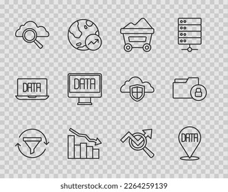 Set line Sales funnel with chart, Data analysis, Coal mine trolley, Financial growth decrease, Search cloud computing, data and Folder and lock icon. Vector