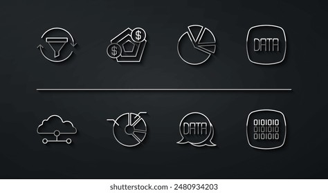 Set line Sales funnel with chart, Network cloud connection, Data analysis, Pie infographic, Financial growth, Binary code and  icon. Vector