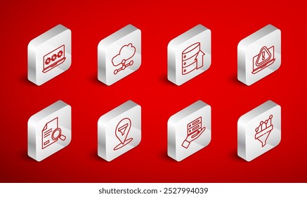 Defina o funil de vendas da linha com gráfico, conexão em nuvem de rede, servidor, dados, hospedagem na Web, ponto de exclamação do laptop, senha, vendas de local e ícone de pesquisa de documento. Vetor