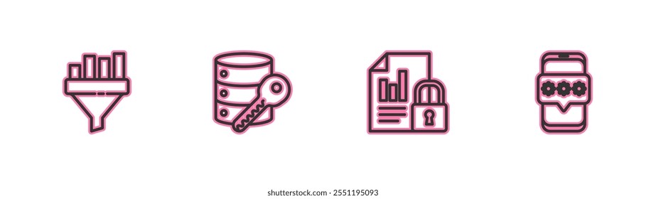 Verkaufstrichter mit Diagramm, Dokument und Schloss, Server-Sicherheitsschlüssel und Mobile-Passwortsymbol setzen. Vektorgrafik