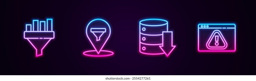 Set line Sales funnel with chart, Location sales, Server, Data, Web Hosting and Browser exclamation mark. Glowing neon icon. Vector