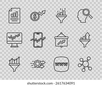Set line Sales funnel with chart, Project team base, Time management, Document graph, Mobile stock trading, Website template and  icon. Vector