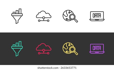 Fije la línea Embudo de ventas con gráfico, conexión a la nube de red, globo de Búsqueda y análisis de datos en blanco y negro. Vector
