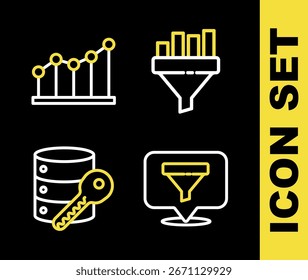 Set line Sales funnel with chart, Location sales, Server security key and Pie infographic icon. Vector