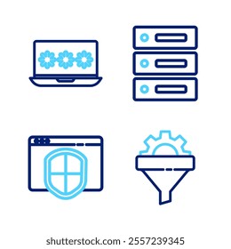 Set line Sales funnel with gear, Browser shield, Server, Data, Web Hosting and Laptop password icon. Vector