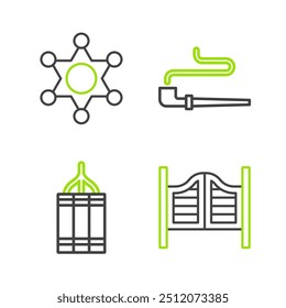Set line Saloon door, Dynamite bomb, Smoking pipe and Hexagram sheriff icon. Vector