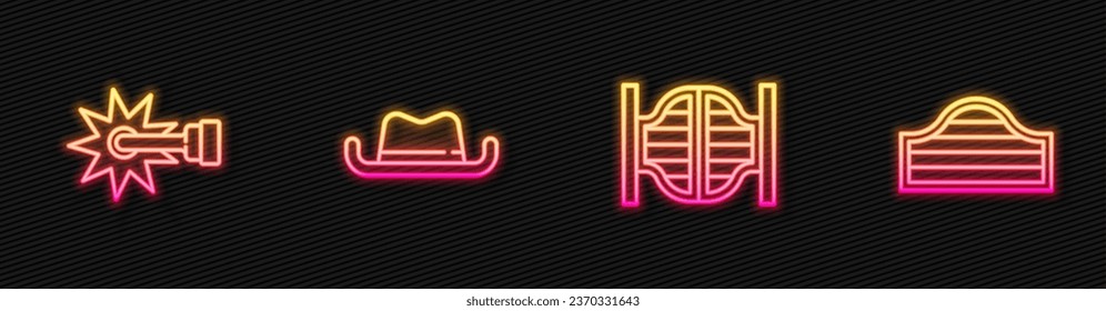 Set line Saloon door, Spur, Western cowboy hat and . Glowing neon icon. Vector